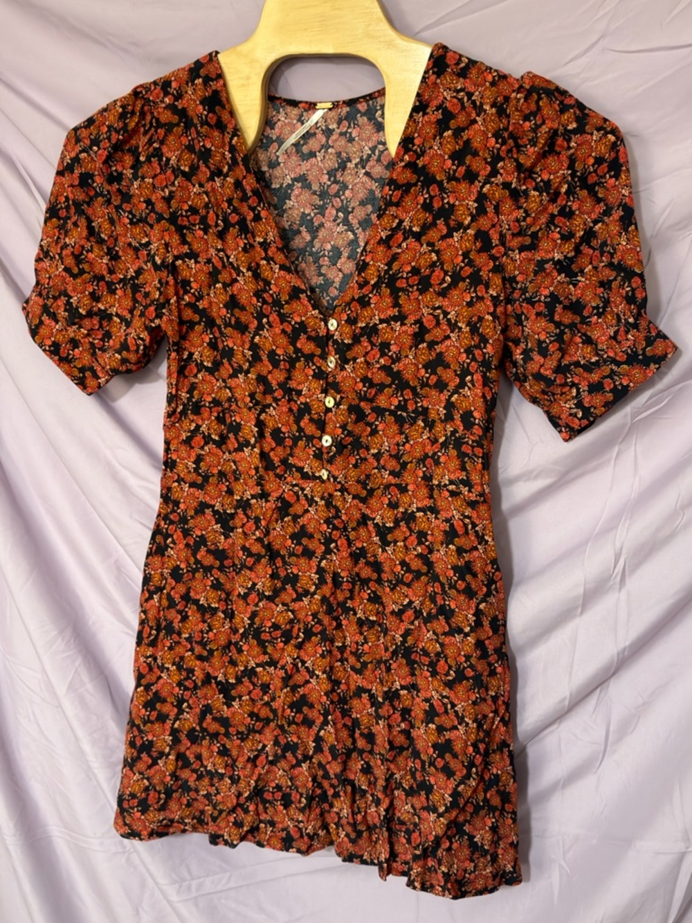 Free People Black Mini Dress with Orange Floral Print
